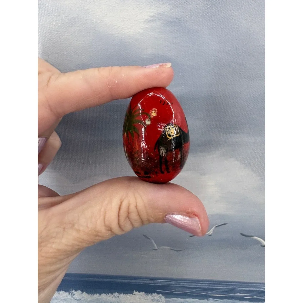 Hand Painted Miniature Wooden Egg Red Camel Palm Tree Desert Folk Art Decor